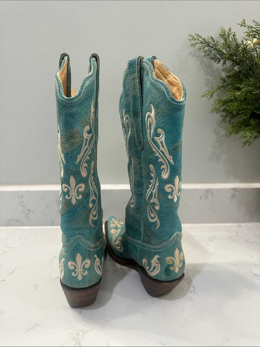 Turquoise Embroidered Western Heeled Boots - Picture 4 of 8